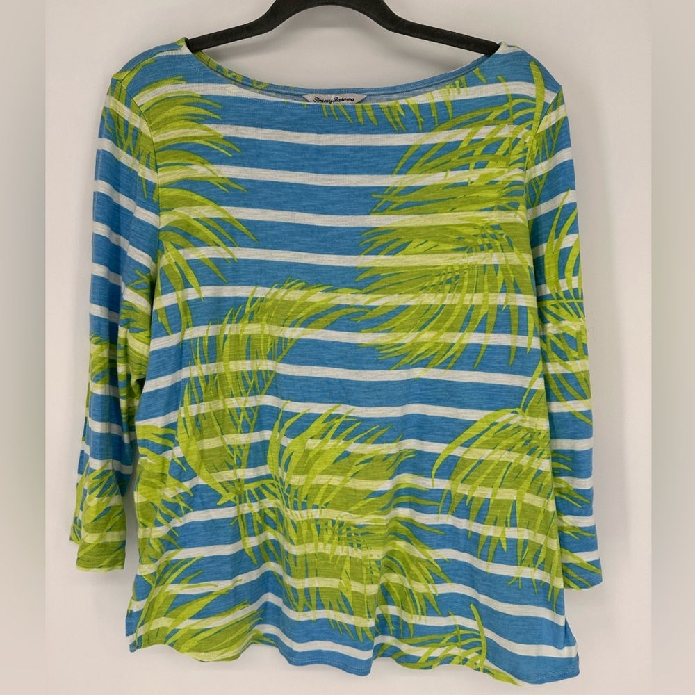 Tommy Bahama Women’s boatneck Blue White Stripe Palm Leaf 3/4 Sleeve 100% Cotton